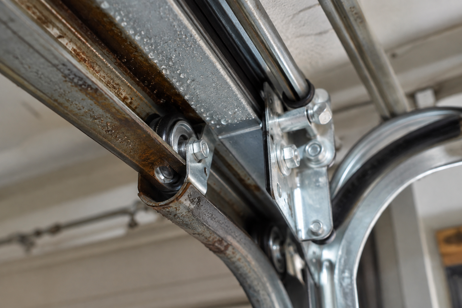 Close-up of garage door tracks and hardware showing moisture damage and rust prevention