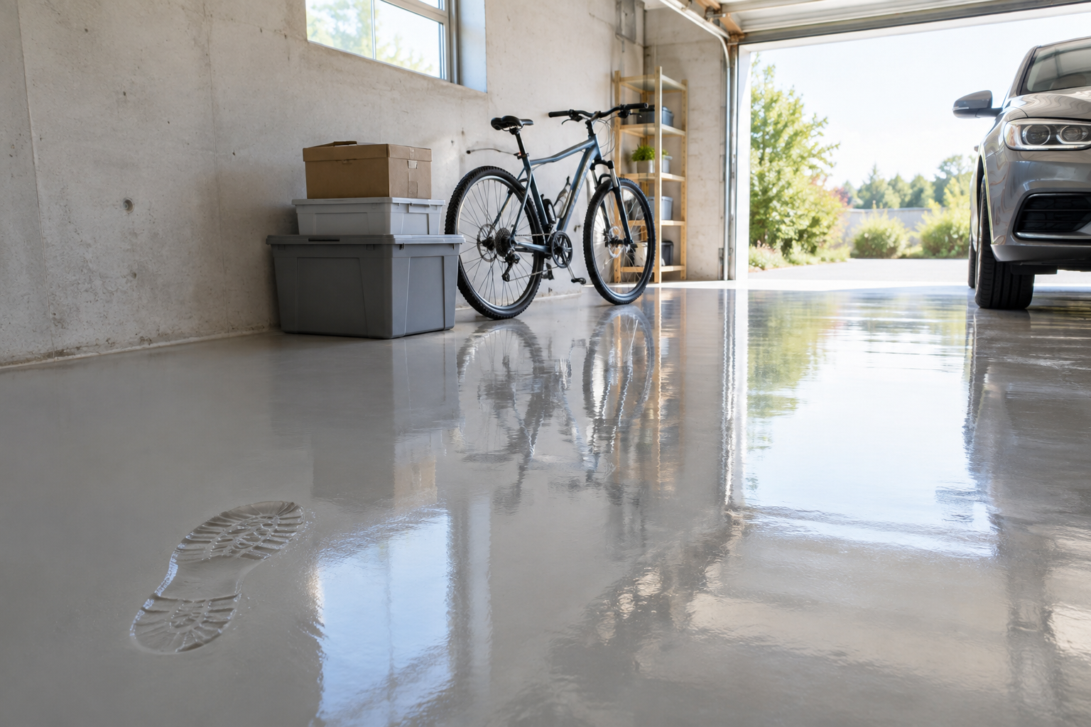 Garage floor curing timeline showing foot traffic, storage, and car parking stages