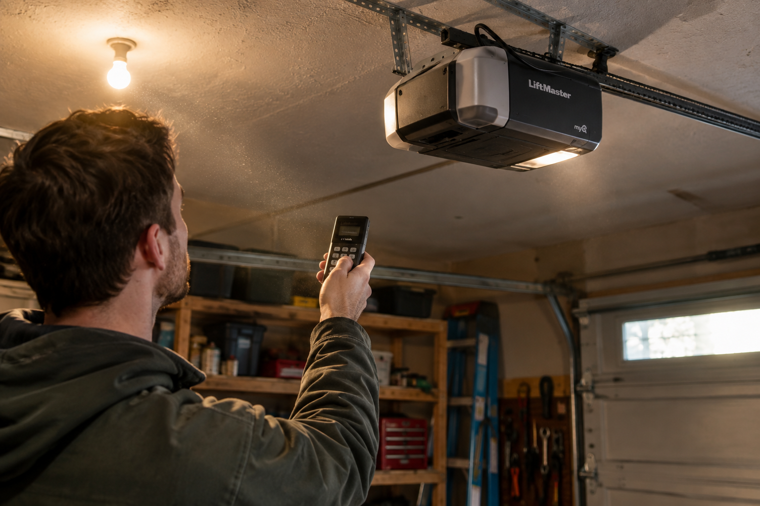 Person testing garage door keypad signal near ceiling-mounted opener motor