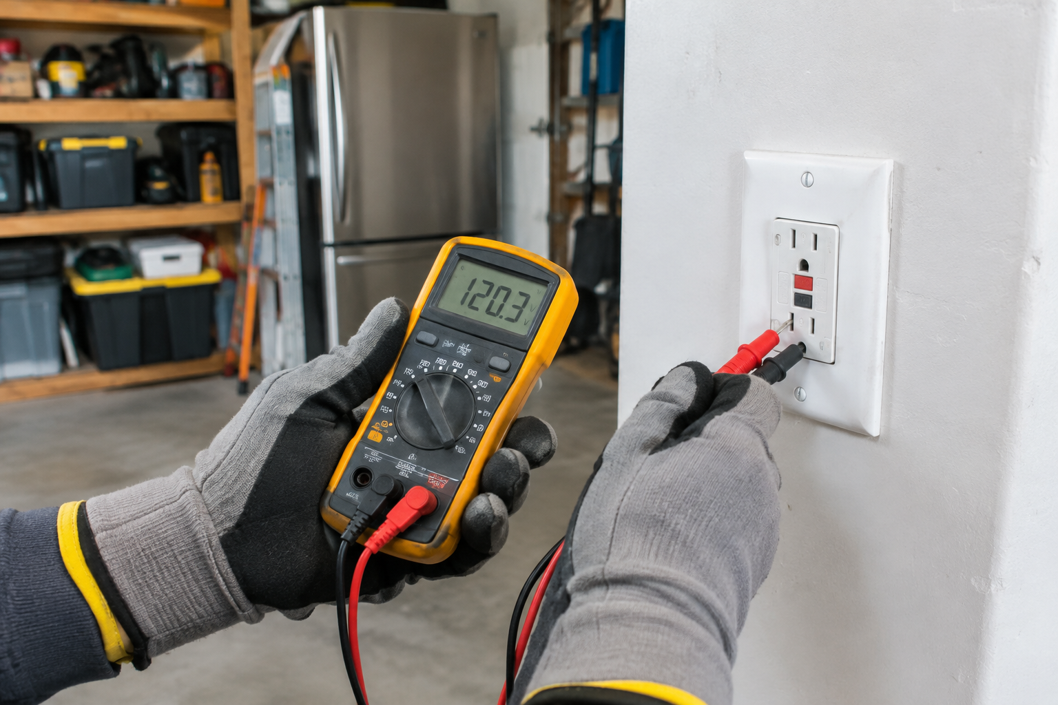 Person safely testing a garage GFCI outlet with a multimeter near a refrigerator