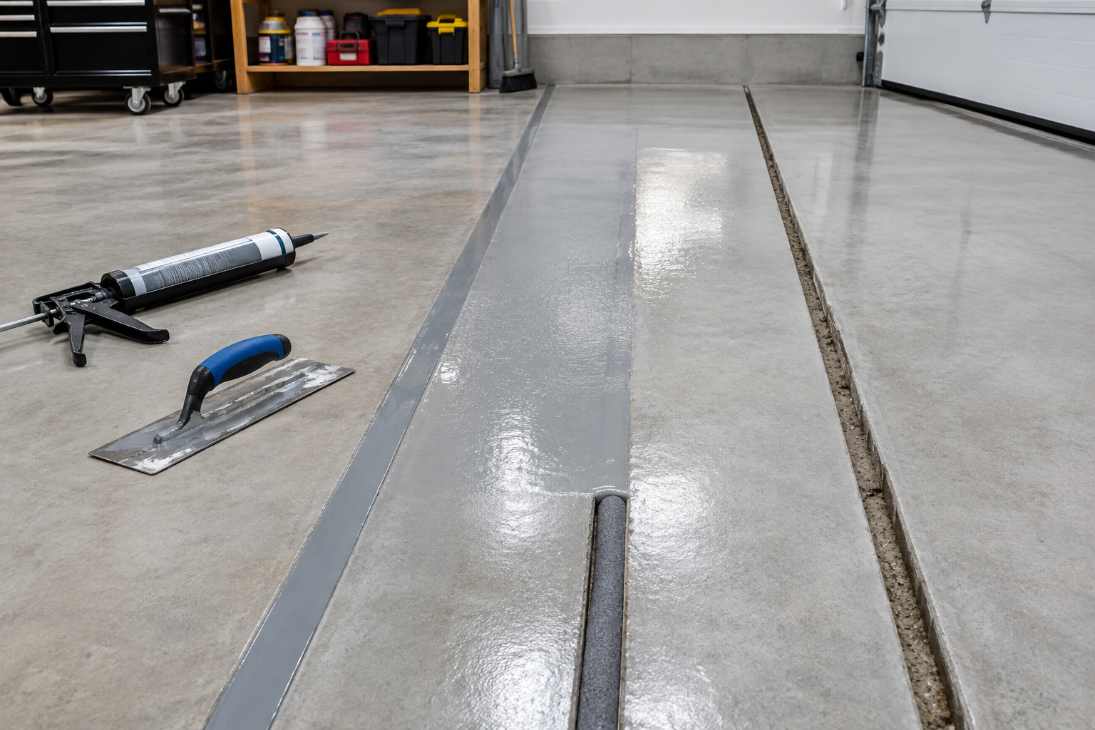 Garage floor showing filled, bridged, and open expansion joint options