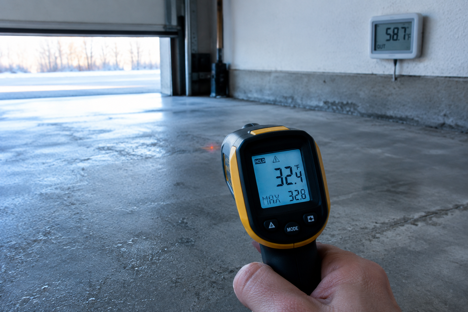 Infrared thermometer measuring concrete garage floor slab temperature versus ambient air temperature
