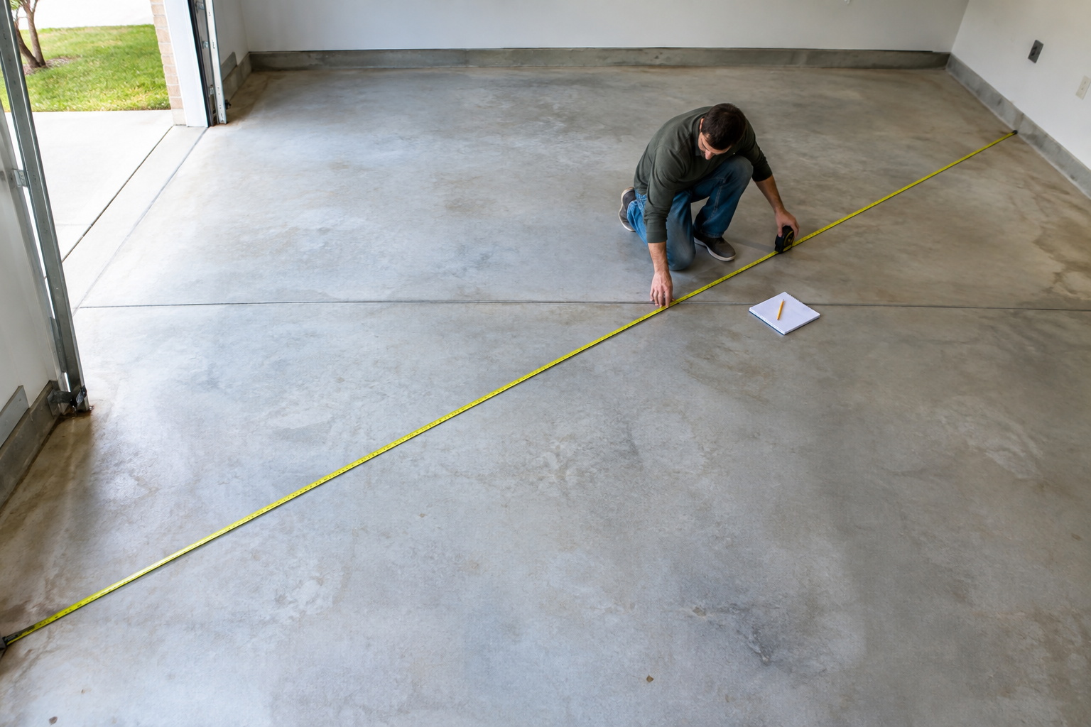 Person measuring garage floor square footage with a tape measure before epoxy application