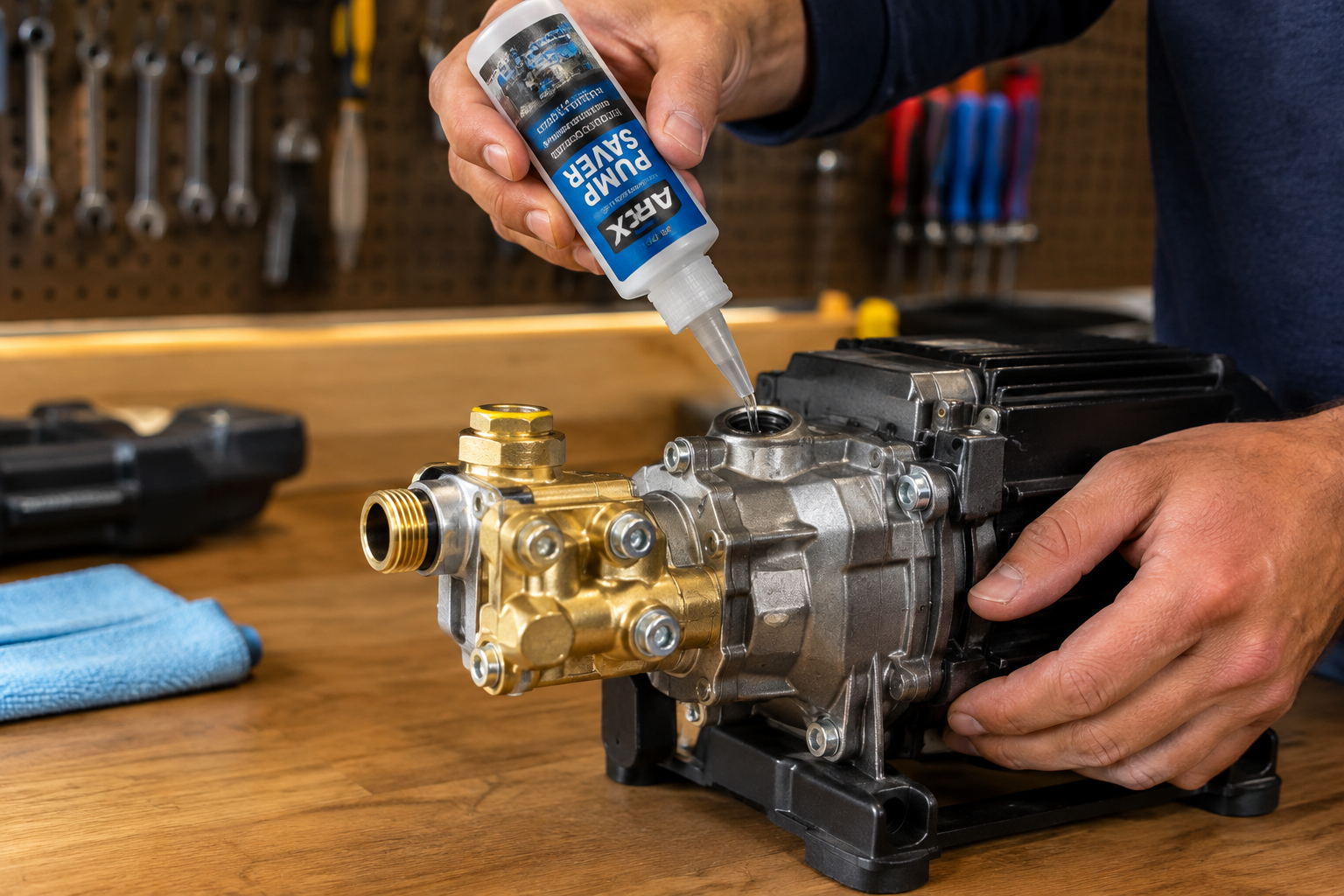 Applying pump saver fluid to protect a pressure washer pump for winter