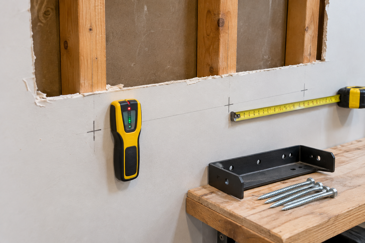Stud finder locating wall studs before mounting a heavy-duty wheelbarrow bracket
