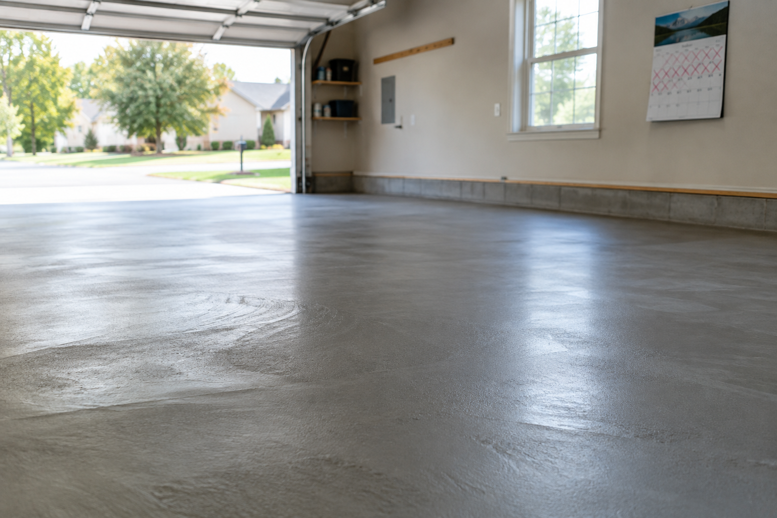 Freshly poured concrete garage floor slab curing over time