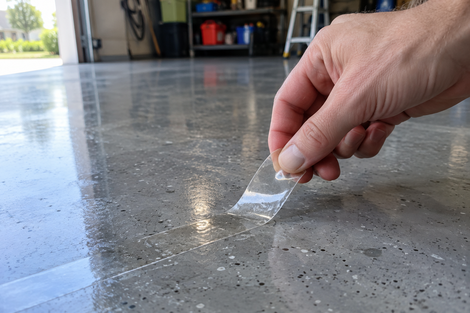 Hand performing a tape adhesion test on an epoxy garage floor