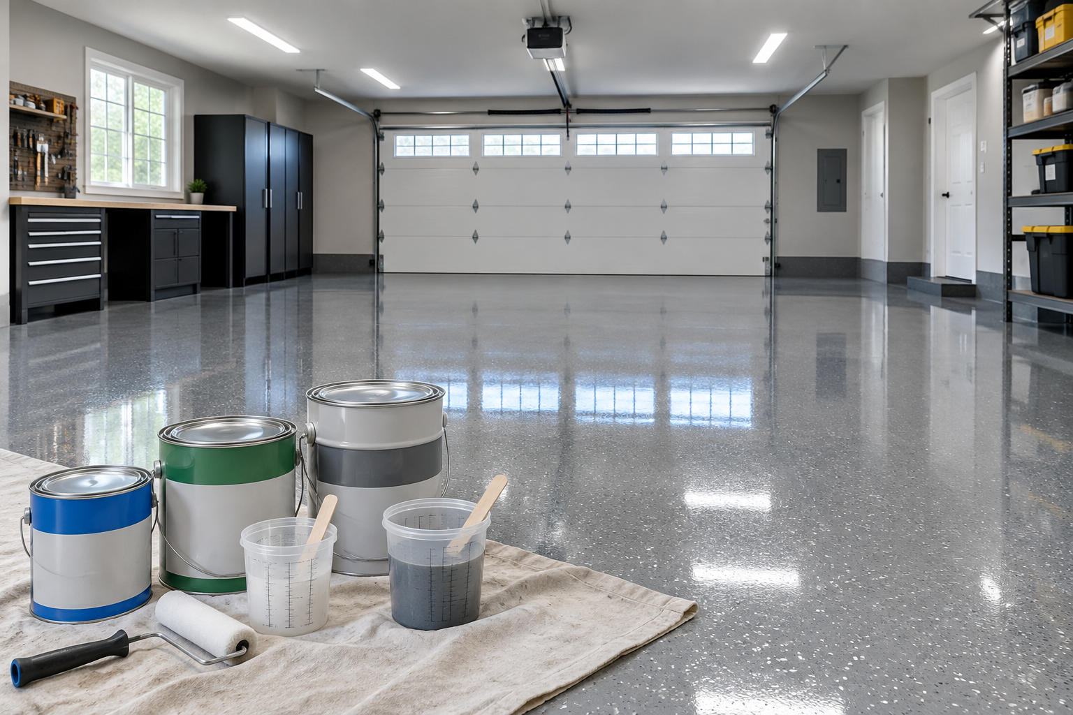 Freshly applied epoxy garage floor with different epoxy product containers nearby
