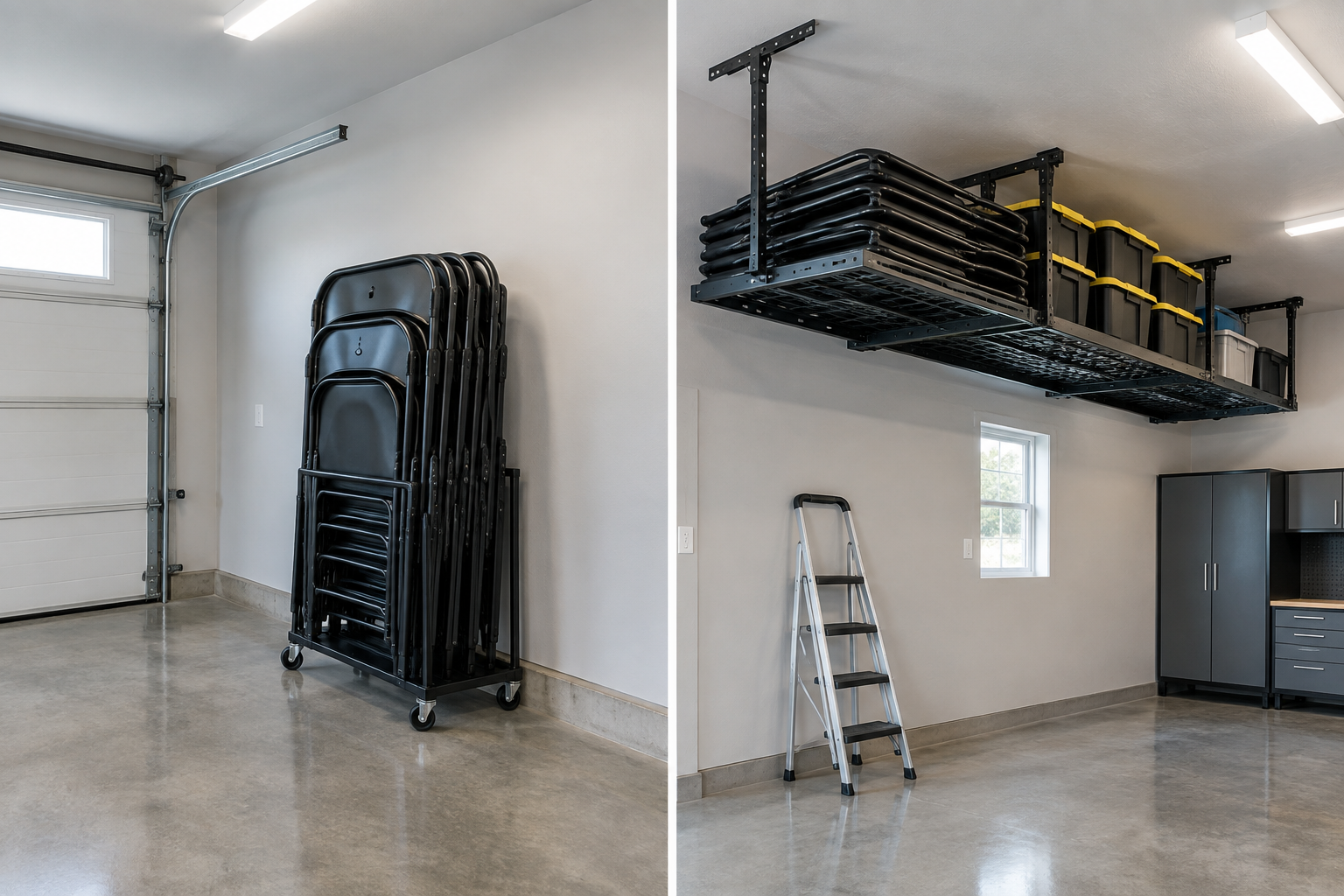Comparison of vertically stacked folding chairs versus overhead ceiling storage in a garage