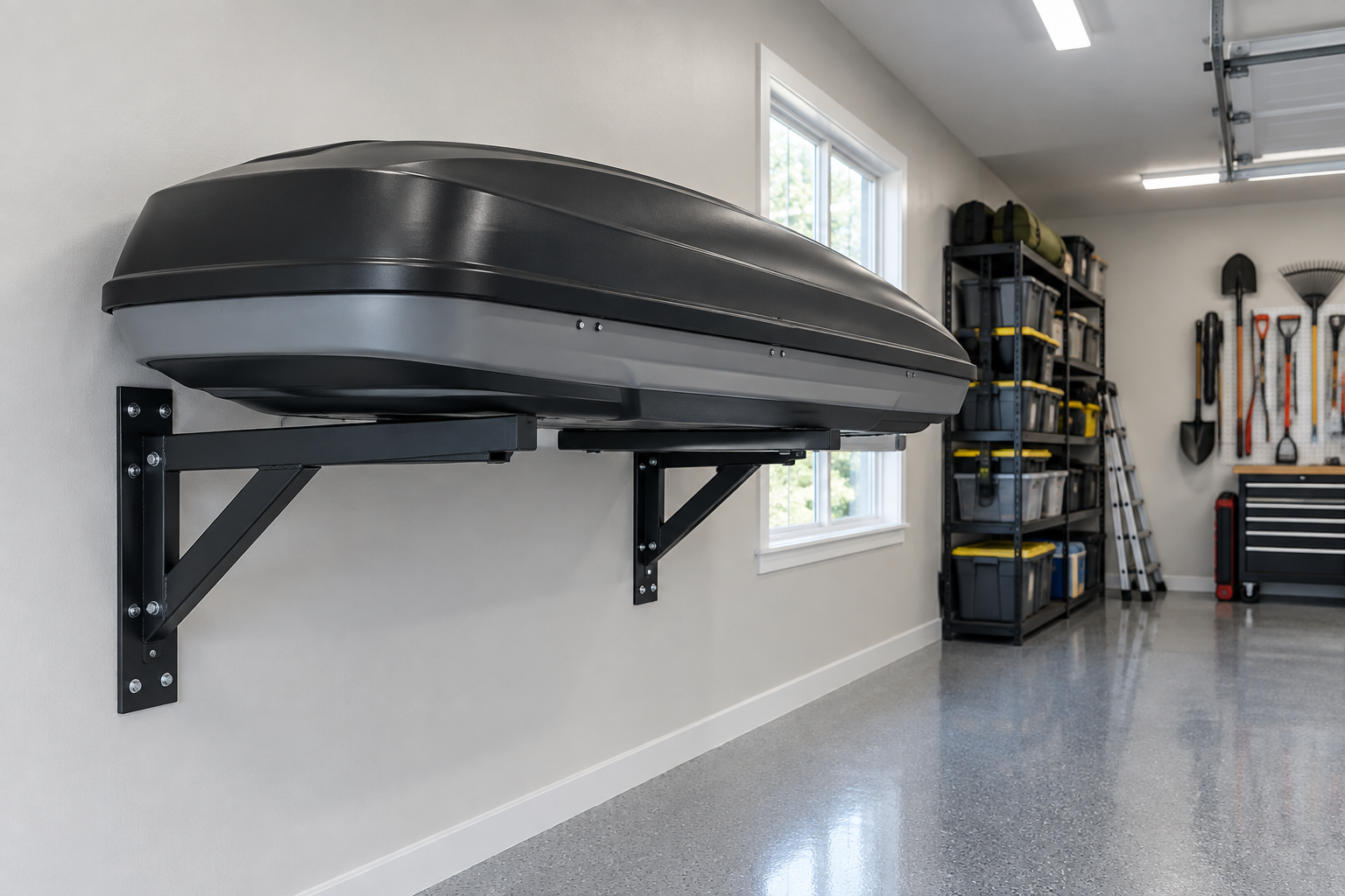 Roof cargo box mounted on wall brackets in a garage