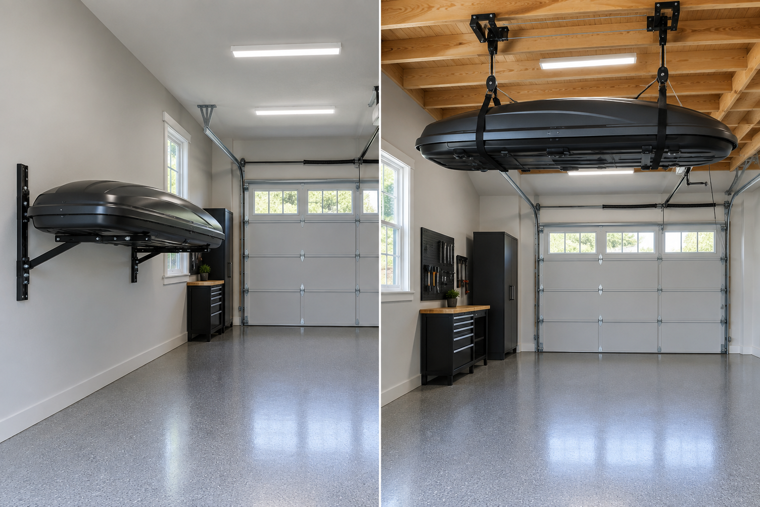 Comparison of wall-mounted versus ceiling-mounted roof cargo box storage in a garage