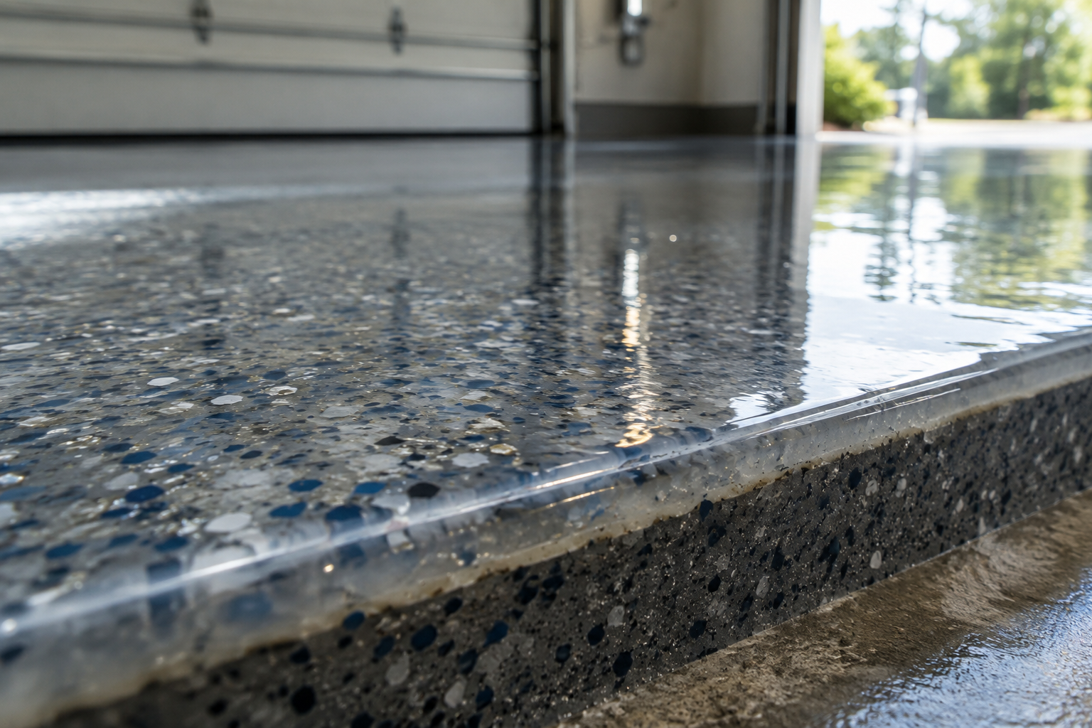 Close-up of glossy clear top coat layer over epoxy garage floor showing depth and shine