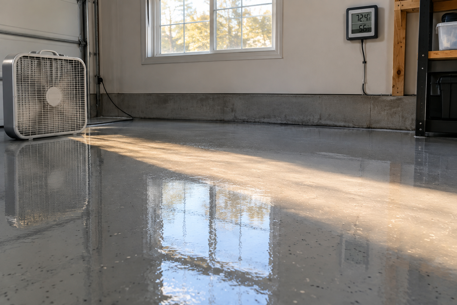 Garage floor curing with fan, sunlight, and temperature gauge showing environmental factors