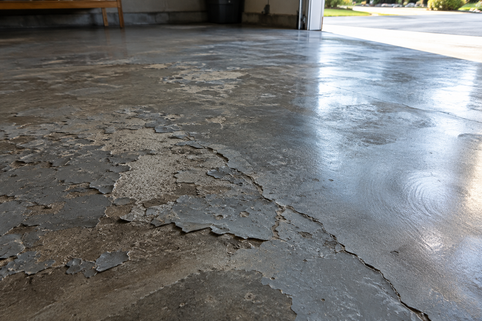 Close-up of damaged concrete garage floor showing peeling coating and surface flaws