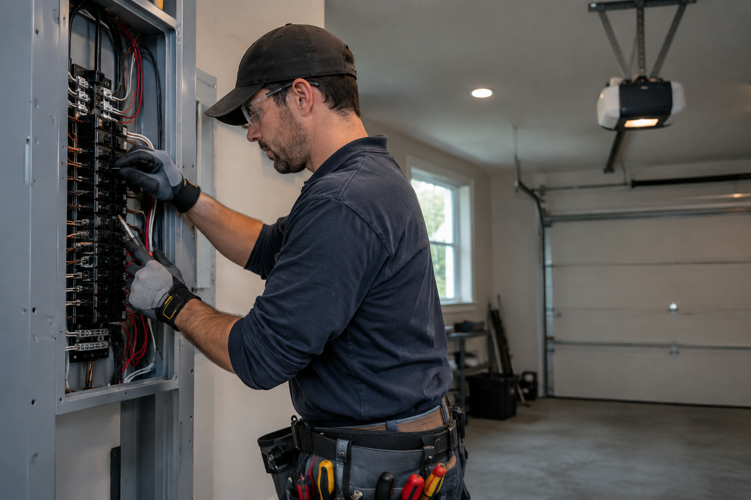 Professional electrician inspecting a garage electrical panel