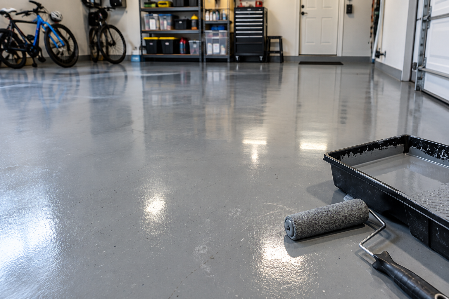 Intact epoxy garage floor ready for a fresh recoat application