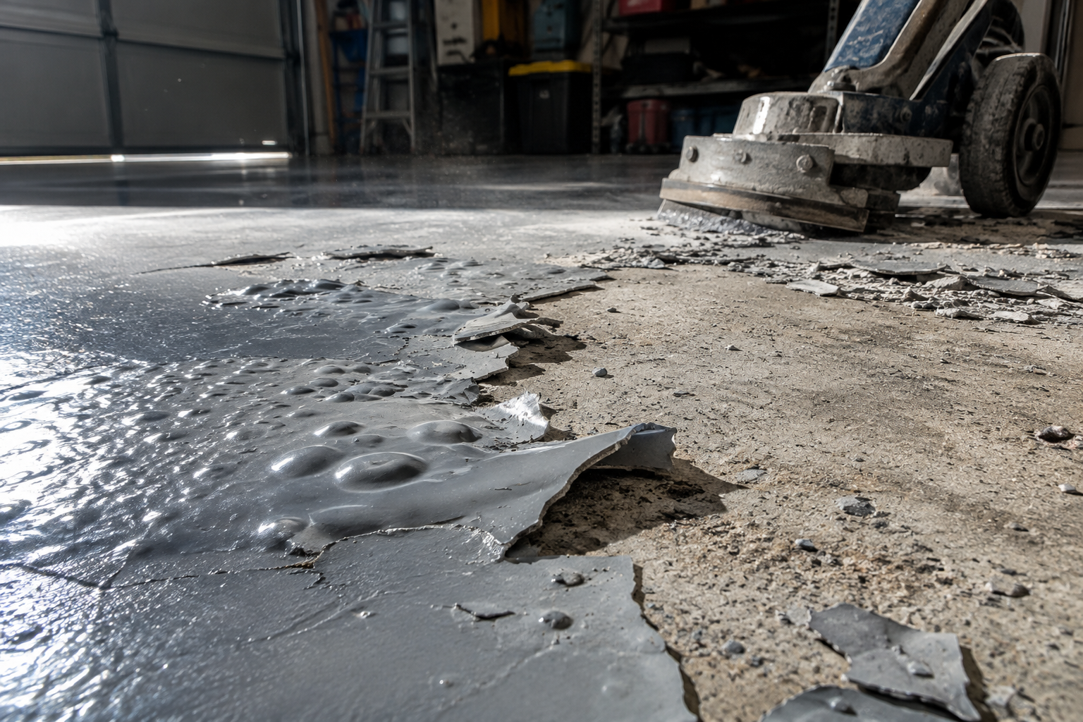 Damaged epoxy garage floor with peeling coating requiring removal
