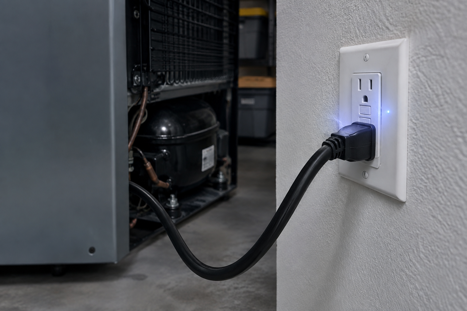 GFCI outlet next to a garage refrigerator power cord illustrating compressor startup surge