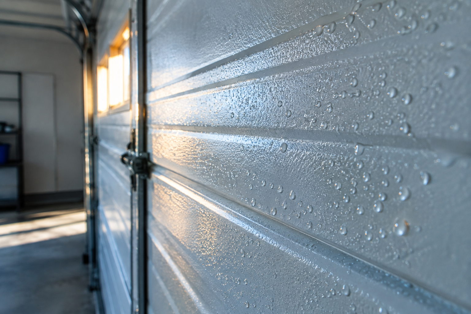 Close-up of condensation droplets forming on the interior surface of a garage door