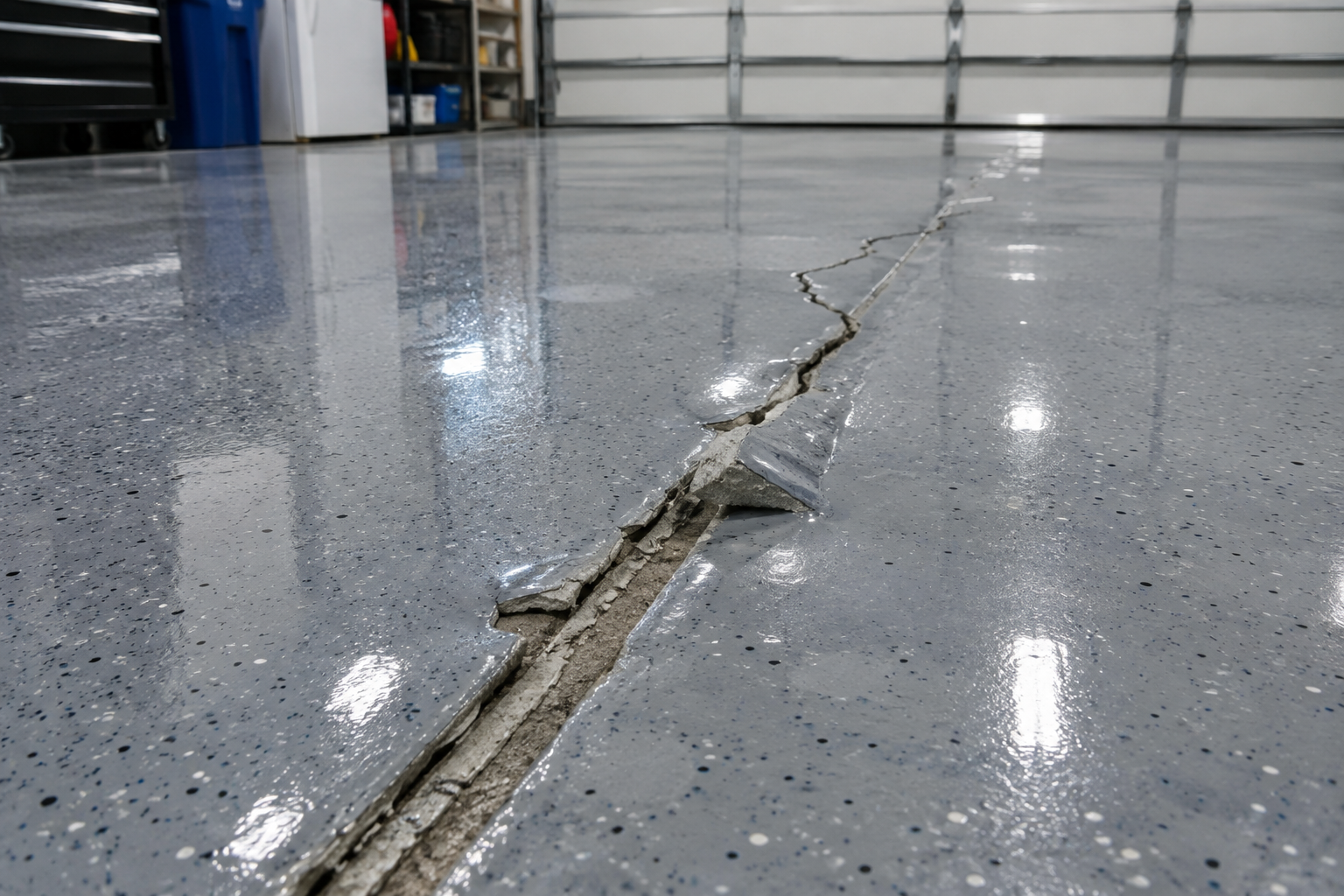 Cracked and peeling epoxy coating caused by an unaddressed expansion joint