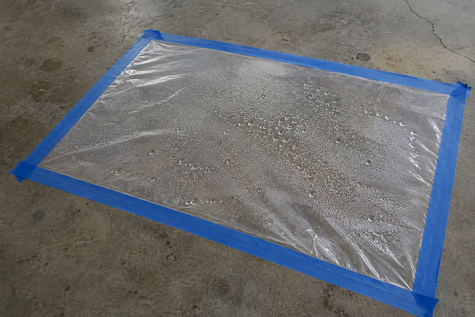 Condensation trapped under plastic sheet on concrete floor indicating moisture vapor